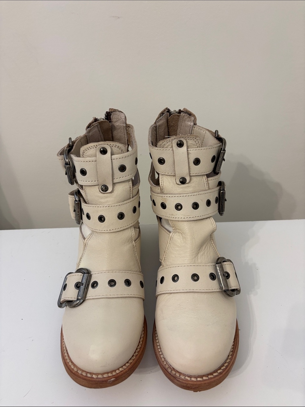 Freebird by Steven Cream Leather Buckle Strap Ankle Boots